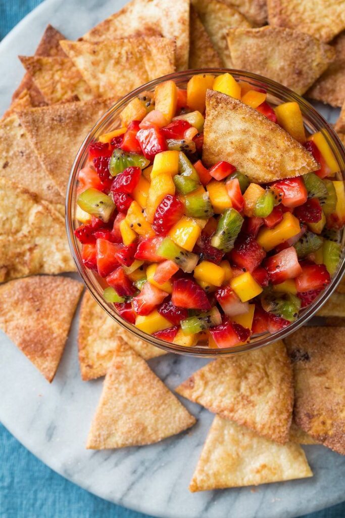 Spicy Mango Fruit Salsa with Cinnamon Sugar Chips